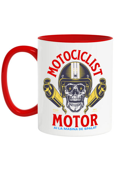 StoryGift Romania Cana cu Craniu Uman Cu Casca Si Fulgere Motociclist pasiune Mecanica Toba Esapam, Cu Maner Rosu
