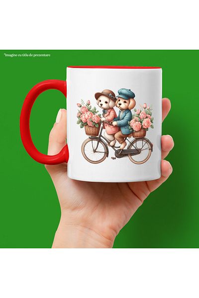 StoryGift Romania Mug with 2 dogs riding a bike | illustration | baskets with rose, With ,STG