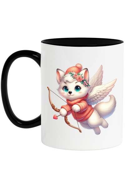 StoryGift Romania Cana cu o pisicuta alba Cupidon, ilustratie, trage cu arcul...