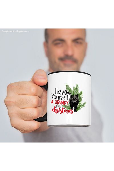 StoryGift Romania Black kitten mug with the message "Have yourself a grumpy little Christmas", Craciu, Cu, STG