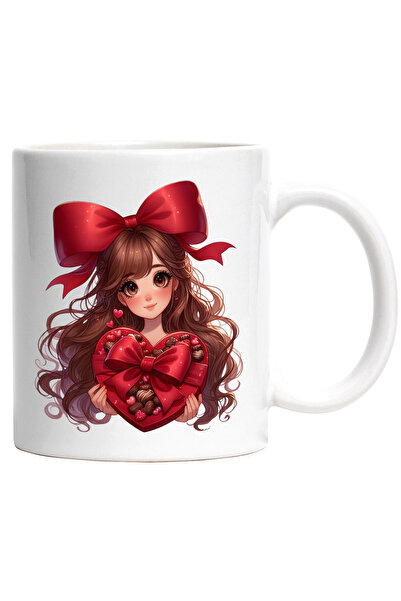 StoryGift Romania Cana cu o fetita vesela care tine o cutie cu bomboane | a primit-o cadou | ilust, Cu Maner Alb