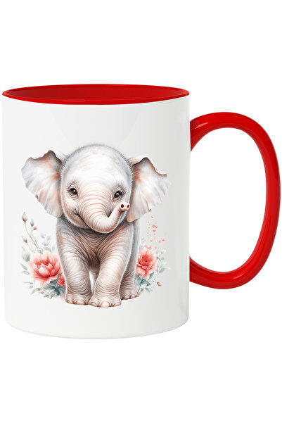 StoryGift Romania Cana cu un pui de elefant care sta in natura | ilustratie | flori | plante | jun, Cu Maner Rosu