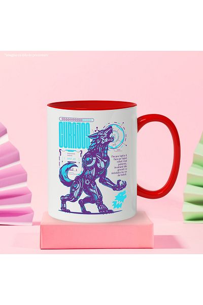StoryGift Romania Brave Mug - Robot Wolf Fighter, 330ml, Ceramic with Red Handle, With Red Handle STG, STG.