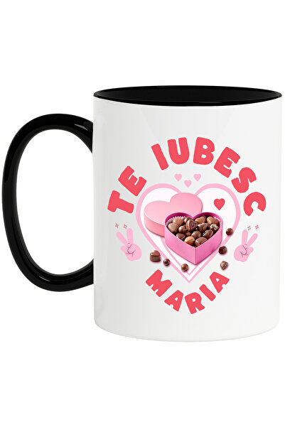 StoryGift Romania Cana cu Cutie De Bomboane Dulciuri Dragoste Forma Inima ciocolata text Te Iubesc, Cu Maner Negru