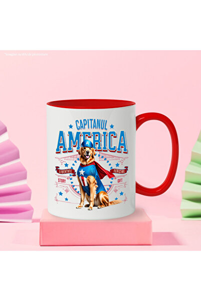 StoryGift Romania Golden Retriever Dog Mug in Captain America Costume with Cape, Hero No, with Red Handle