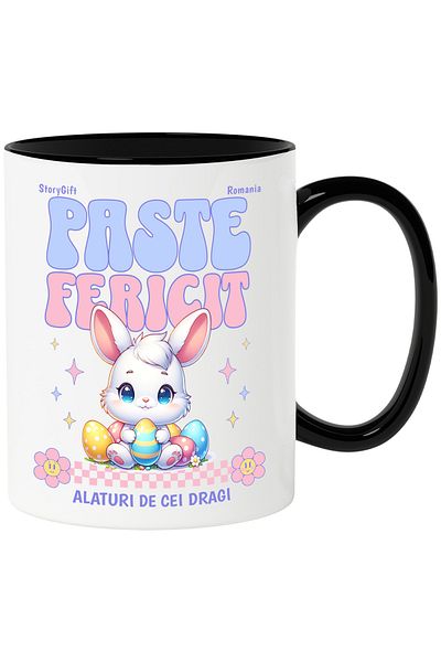 StoryGift Romania Cana paste fericit alaturi de cei dragi sarbatoare , 330ml, Ceramica cu Maner Ne, Cu Maner Negru