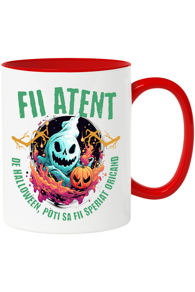 StoryGift Romania Cana fii atent H4ALLowen sperietoare fantoma, 330ml, Ceramic cu Maner Rosu, Cu Maner Rosu