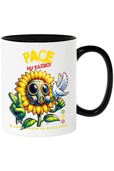 StoryGift Romania Cana Floarea soarelui cu masca gaze , porumbel alb Pace, Nu Razboi, 330ml, Ceram, Cu Maner Negru