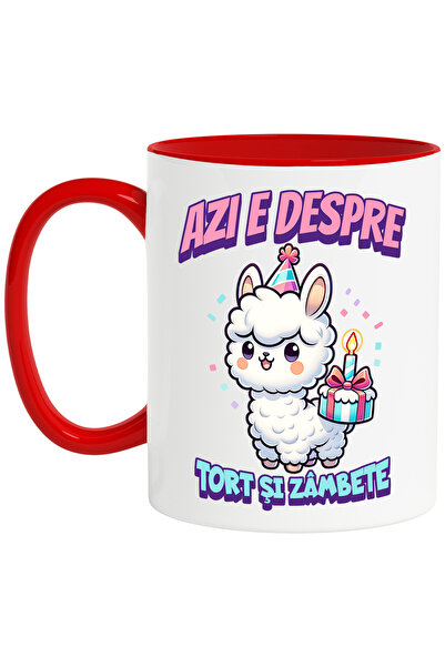 StoryGift Romania Cana Oaia cu coif vesela Azi e despre tort si zambete, zi aniversara , 330ml, Ce, Cu Maner Rosu