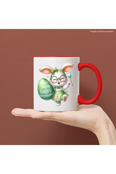 StoryGift Romania Cana cu o iepuroaica in rochita, ilustratie, funda, verde, Paste fericit, inimio, Cu Maner Rosu