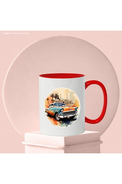StoryGift Romania Mug With Car, Retro, Vintage, Palm Trees, Circle, Building, Multicolor 330 ml, Wax, With ,STG.