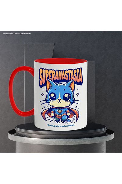 StoryGift Romania Super Anastasia Mug, Superhero, Flying Cat, 330ml, Ceramic with Red Handle, With Handle, STG.