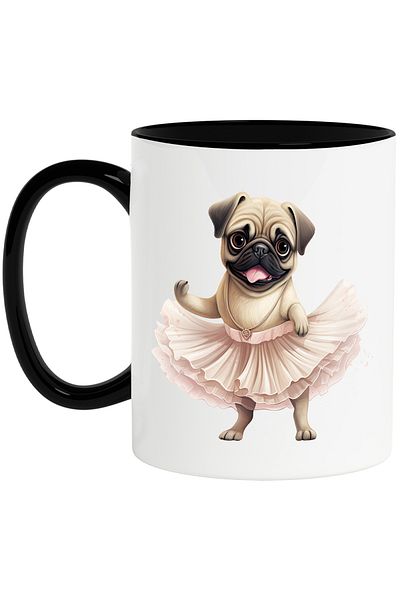 StoryGift Romania Cana cu Pug, danseaza, fusta, caine, animal de companie, ilustratie, balet, lant, Cu Maner Negru