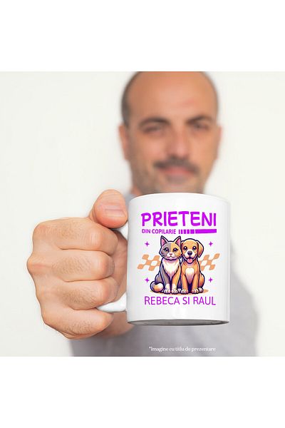 StoryGift Romania Cana cu Pisica Si Caine Portret Cuplu Animale Text Prieteni Din Copilarie Rebeca, Cu Maner Alb