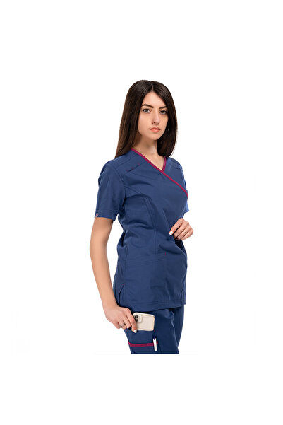 FORMTEKS Kadın SPA Hemşire Scrubs Takım Likralı Terry Cotton İndigo-Fuşya Biyeli