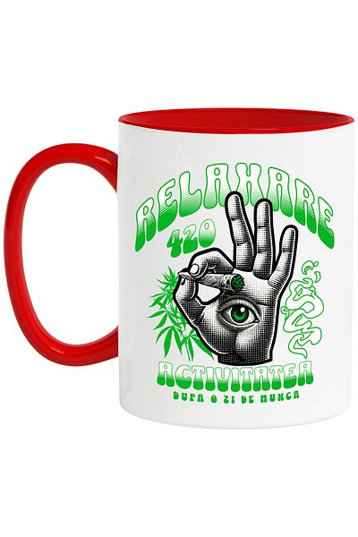 StoryGift Romania Mug with Human Hand Green Eyes Hobby Relaxation Vacation Text in Romanian Relax, With Red Handle