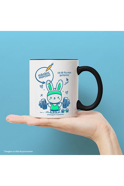 StoryGift Romania Bunny lifting weights gym motivational mug, 330ml, Ceramic with Black Handle, With,STG.