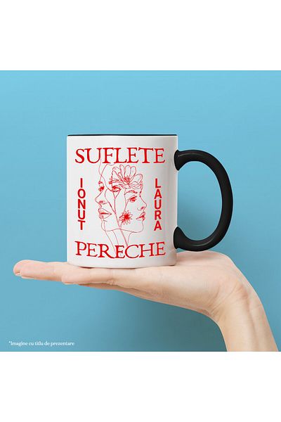 StoryGift Romania Cana cu Chip Uman Firaf Flori Text Suflete Pereche Laura Ionut, Dragoste, Valent, Cu Maner Negru