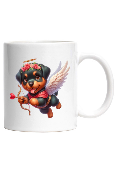 StoryGift Romania Cana cu un catelus Rottweiler Cupidon care trage cu arcul | ilustratie | sageata, Cu Maner Alb
