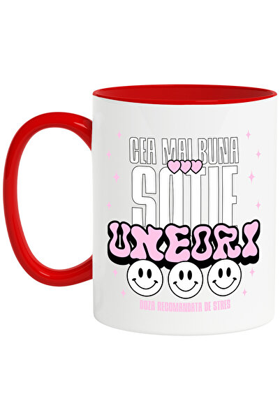 StoryGift Romania Cana cea mai buna sotie uneori doza recomandata stres, 330ml, Ceramic cu Maner R, Cu Maner Rosu