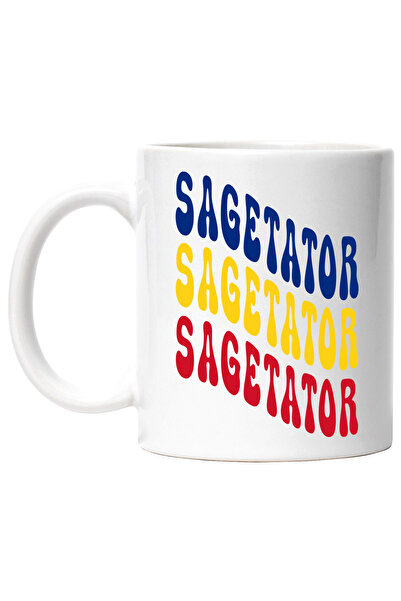 StoryGift Romania Cana Cuvantul Sagetator, in Culorile Steagului Romaniei, Rosu, Galben, Albastru,, Cu Maner Alb