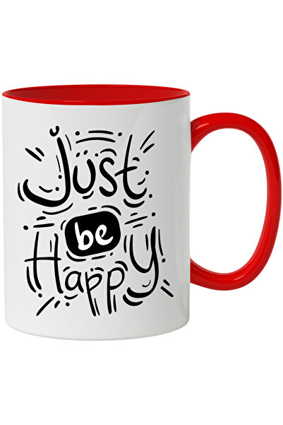 StoryGift Romania Cana Cu Mesaj In Engleza Just Be Happy, Fericire, Dungi, Puncte, Alb Negru 330 m, Cu Maner Rosu