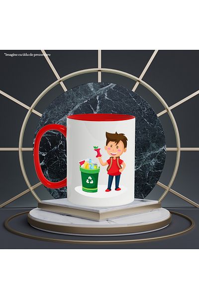 StoryGift Romania Cana Cu Copil, Ghiozdan, Reciclare, Mar, Multicolor 330 ml, Ceramica cu Maner Ro, Cu Maner Rosu