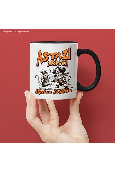 StoryGift Romania Cana cu Lupta Soarece Si Motan Pirat Text Astazi Dusmani Maine Prieteni, desene , Cu Maner Negru