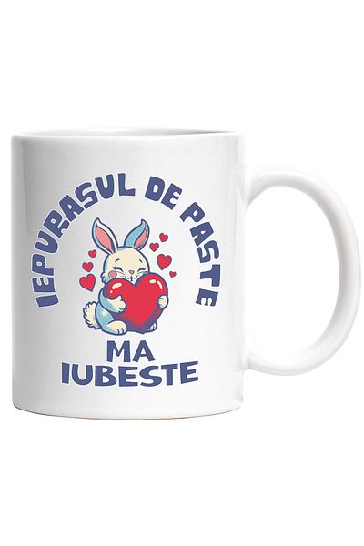 StoryGift Romania Cana iepurasul de paste ma iubeste sarbatoare pascala, 330ml, Ceramic cu Maner A, Cu Maner Alb