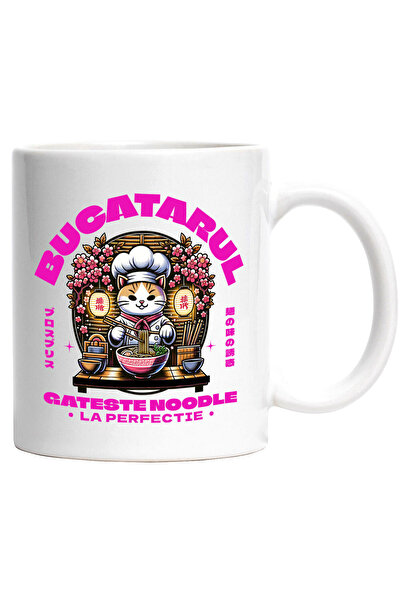 StoryGift Romania Cana cu Pisica Tinuta Bucatar Sef Palarie Flori Roz Text Bucatarul Gateste Noodl, Cu Maner Alb