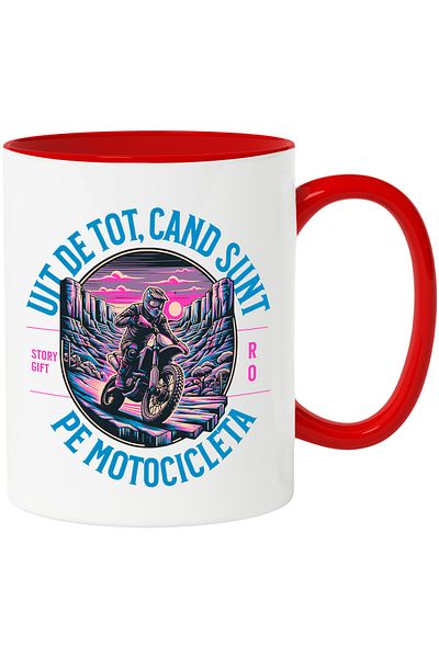 StoryGift Romania Cana uit de tot cand sunt pe motocicleta viteza, 330ml, Ceramic cu Maner Rosu, Cu Maner Rosu