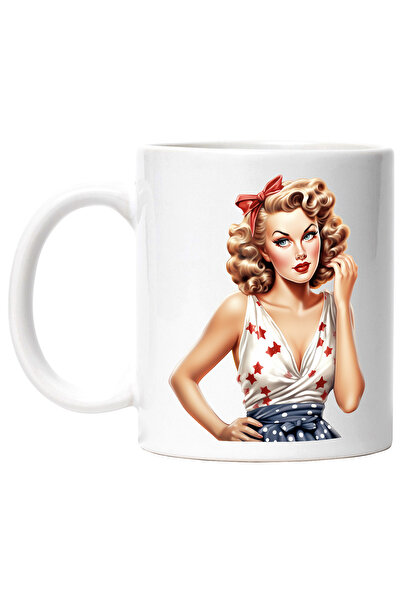 StoryGift Romania Cana cu femeie frumoasa blonda, ilustratie, stil retro, vec...