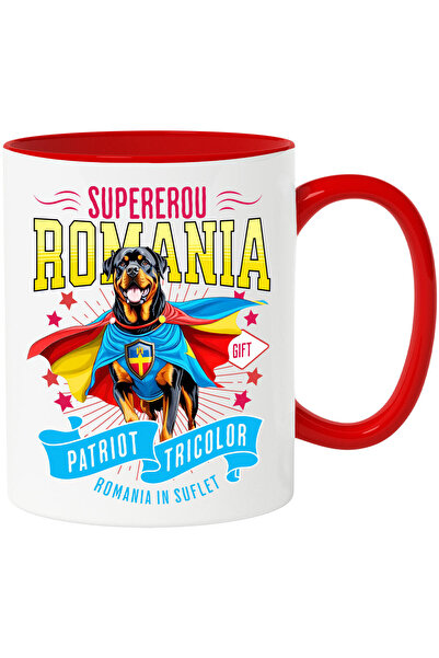 StoryGift Romania Mug with Rottweiler Dog in Captain Romania Costume with Cape, Night Hero,, With Red Handle