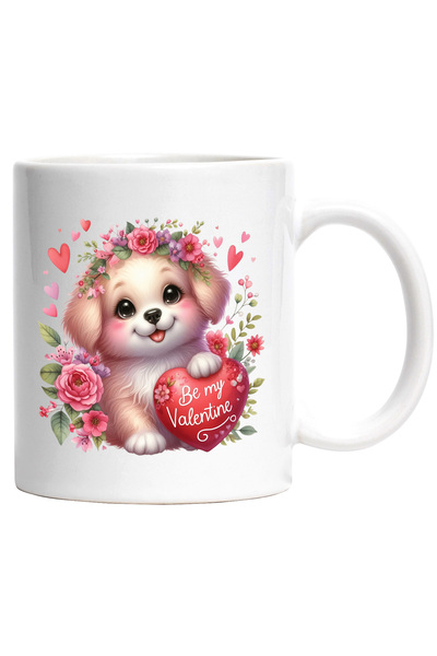 StoryGift Romania Cana cu un catelus vesel care tine o inima cu mesajul "Be m...