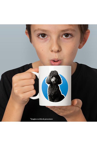 StoryGift Romania Cana cu Portret Caine Fundal Albastru, Rasa Pudel, Catel, Pufos, Blana Neagra, I, Cu Maner Alb