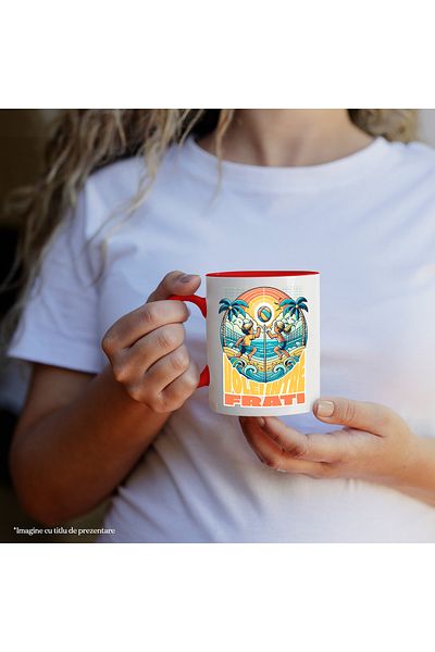 StoryGift Romania Volleyball Mug Between Brothers on the Beach, Volleyball Lovers, 330ml, Ceramic with Red Handle, With ,STG