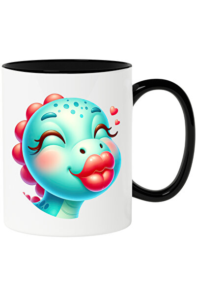 StoryGift Romania Cana cu o femela dinozaur care da un pupic | afectiune | Valentine's Day | inimi, Cu Maner Negru