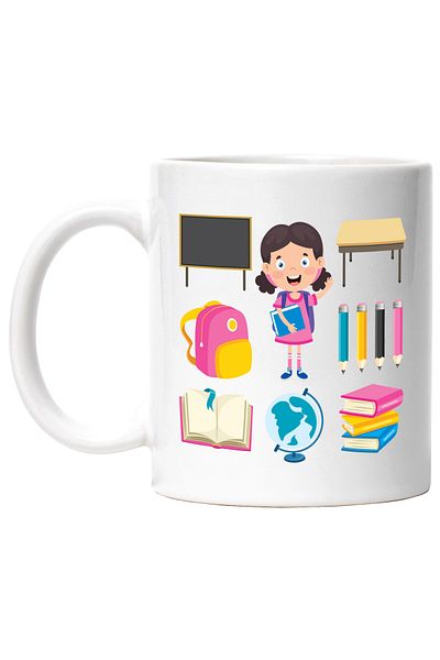 StoryGift Romania Cana Cu Copil, Tabla, Ghiozdan, Rechizite, Glob Pamantesc, Carti, Banca, Multic, Cu Maner Alb