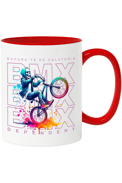 StoryGift Romania Cana cu Schelete Pe BMX Schema Bicicleta Stil Stradal Motivational Bucura-te De , Cu Maner Rosu