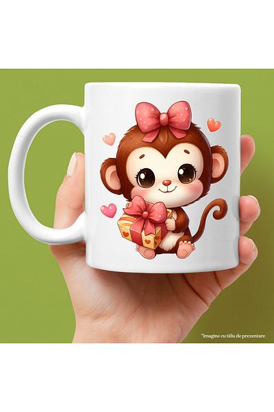 StoryGift Romania Cana cu o maimutica dragalasa | ilustratie | funda | inimioare | tine un cadou i, Cu Maner Alb