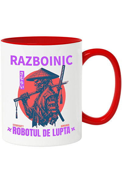 StoryGift Romania Cana cu Portret Profil Razboi Robot Cu Palarie Stil Samurai Ninja Text Razboinic, Cu Maner Rosu