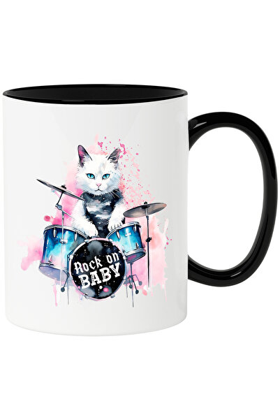 StoryGift Romania Cana cu pisica baterista cu mesajul "Rock on Baby", fundal ...