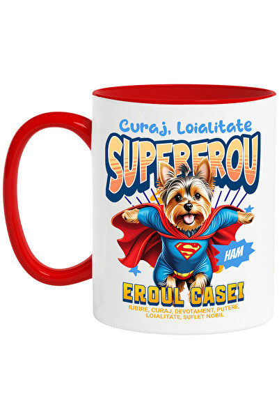 StoryGift Romania Cana cu Yorkshire Terrier Caine In Costum de SuperMan cu Pelerina, Erou Nocturn,, Cu Maner Rosu
