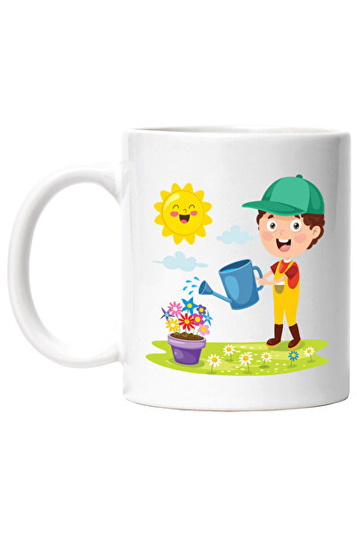 StoryGift Romania Cana Cu Gradinarit, Soare, Flori, Ghiveci, Nor, Stropitoare, Sapca, Multicolor 3, Cu Maner Alb