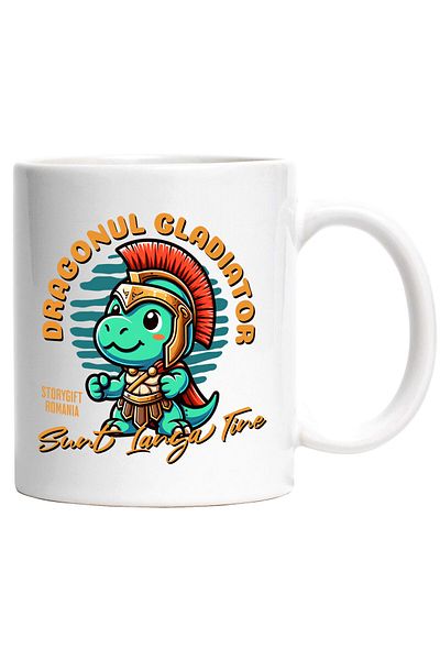 StoryGift Romania Cana cu Dragon Cu arumra Si Capa De Gladiator Text Sunt Langa Tine Copii Desene , Cu Maner Alb
