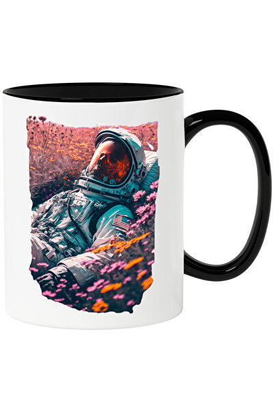 StoryGift Romania Cana Cu Un Schelete Costumat In Astronaut care Sta Intr-un Camp de Flori Roz, Ar, Cu Maner Negru