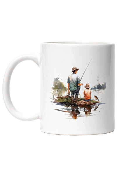 StoryGift Romania Cana cu un tata la pescuit cu fiul sau | ilustratie | peste | undita | lac | pad, Cu Maner Alb