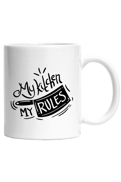 StoryGift Romania Cana Cu Mesaj In Engleza My Kitchen My Rules, Cutit, Bucatarie, Reguli, Alb Negr, Cu Maner Alb