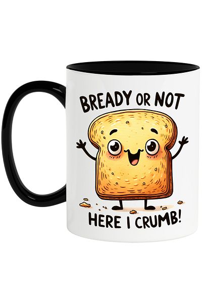 StoryGift Romania Cana cu mesajul "Bready or not, here I crumb!", ilustratie, motivational, felie , Cu Maner Negru