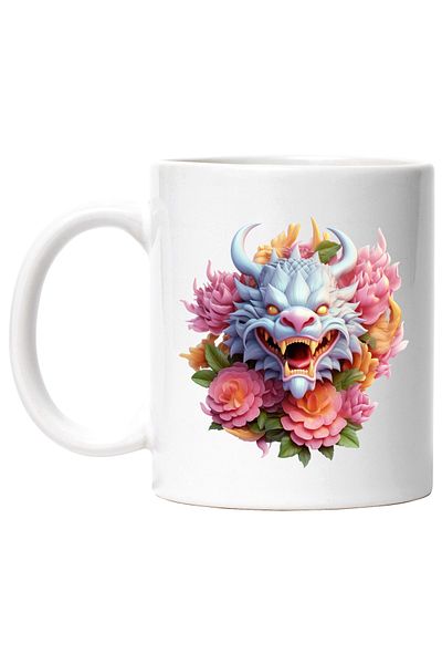StoryGift Romania Cana cu un dragon chinezesc, ilustratie, anul dragonului, nou, floricele, roz, C, Cu Maner Alb